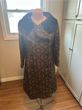 Vintage 1960s Winter Black and Gold Brocade Dress Coat with Faux Fur Collar